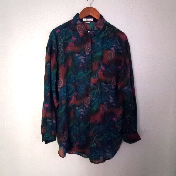 Punch Vintage L Silk Button Down Volcano Sun Pattern Top Blouse Turquoise Tan - Picture 1 of 16